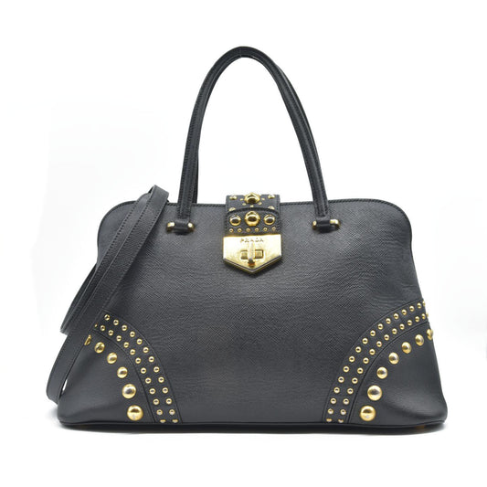 AUCTION $3450 Prada Black Leather Promenade Studded Satchel