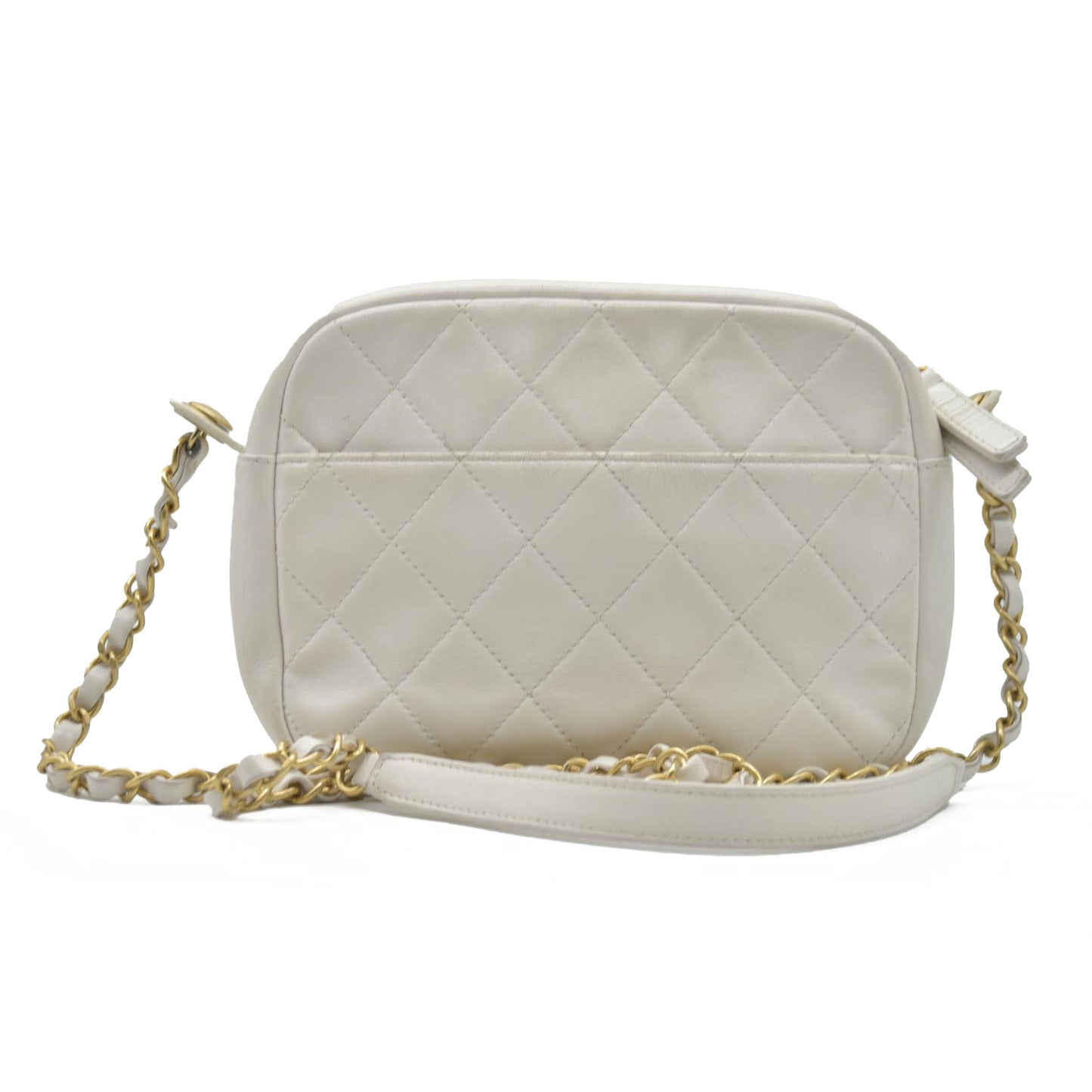 $4100 Chanel Calfskin Quilted Enchained Camera Case Bag White 2020