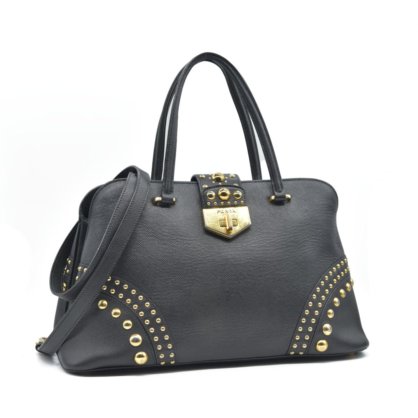 AUCTION $3450 Prada Black Leather Promenade Studded Satchel