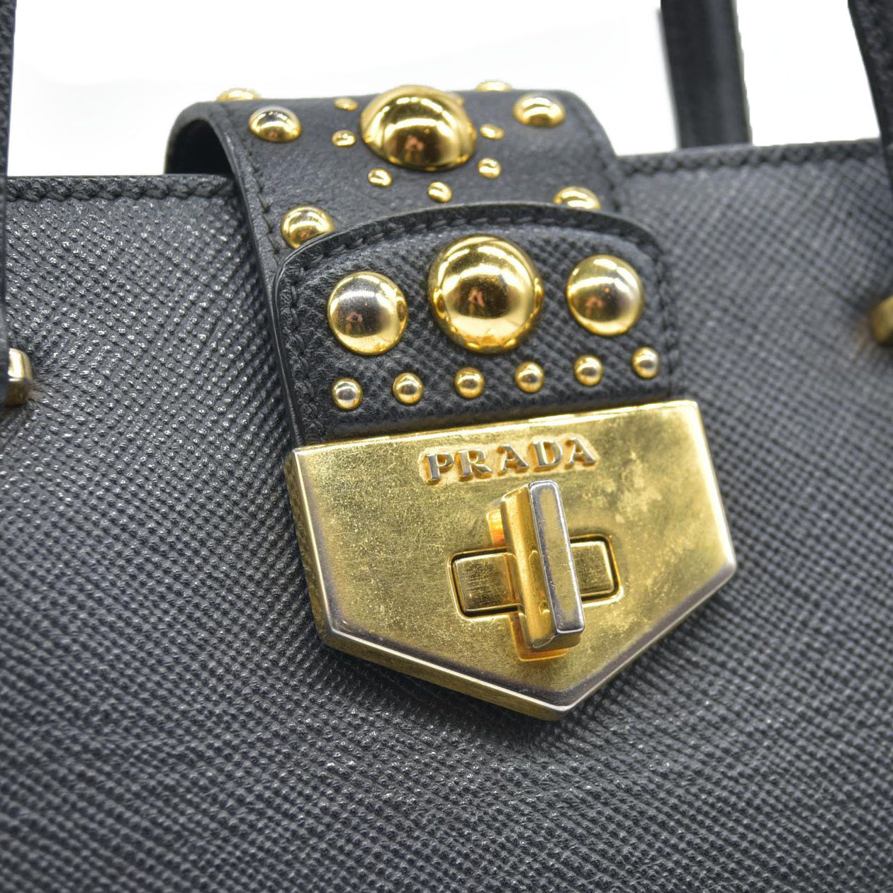 AUCTION $3450 Prada Black Leather Promenade Studded Satchel