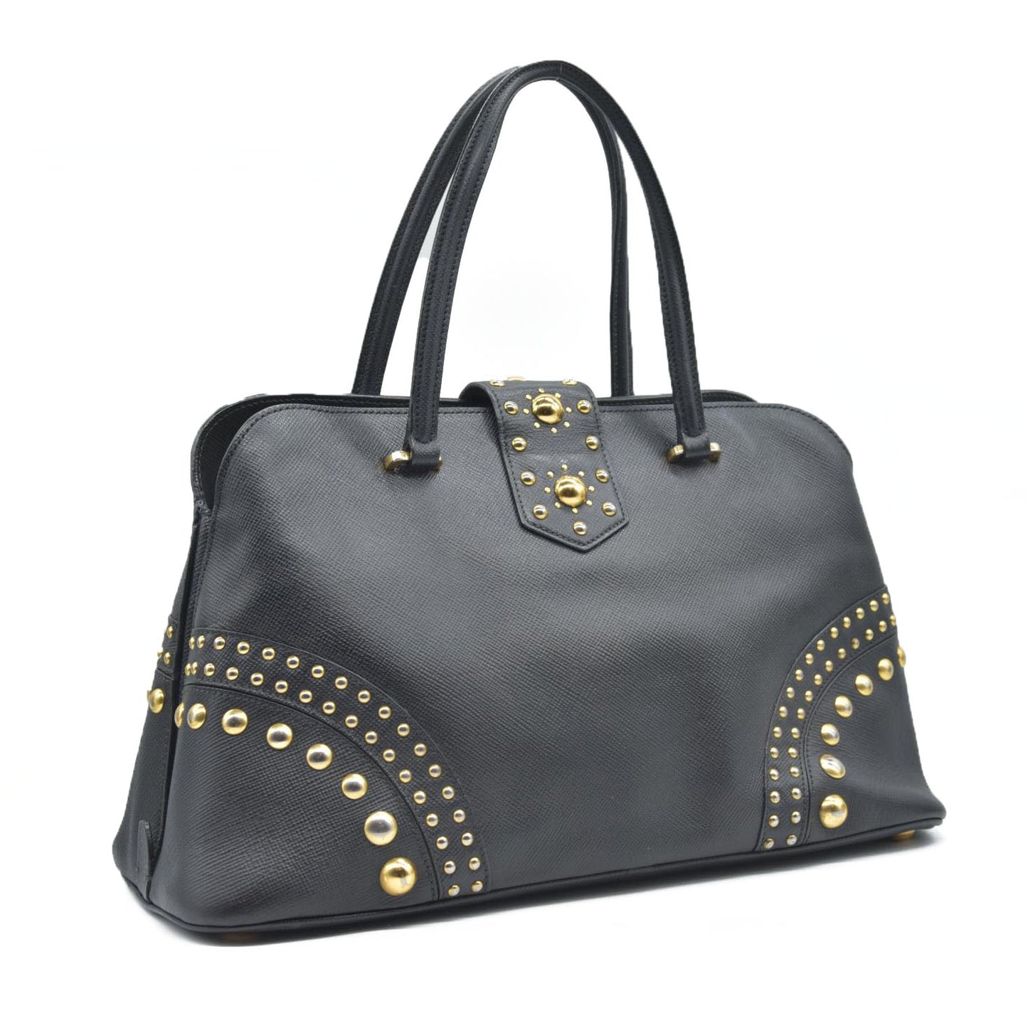 AUCTION $3450 Prada Black Leather Promenade Studded Satchel