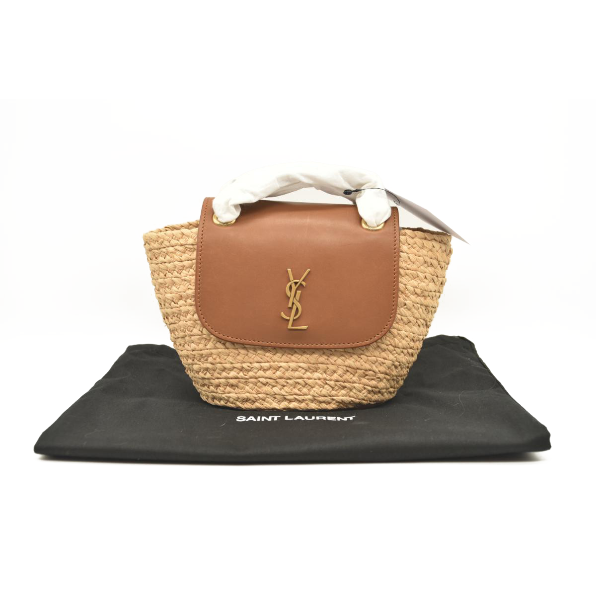 Saint Laurent Panier mini leather-trimmed raffia shoulder bag