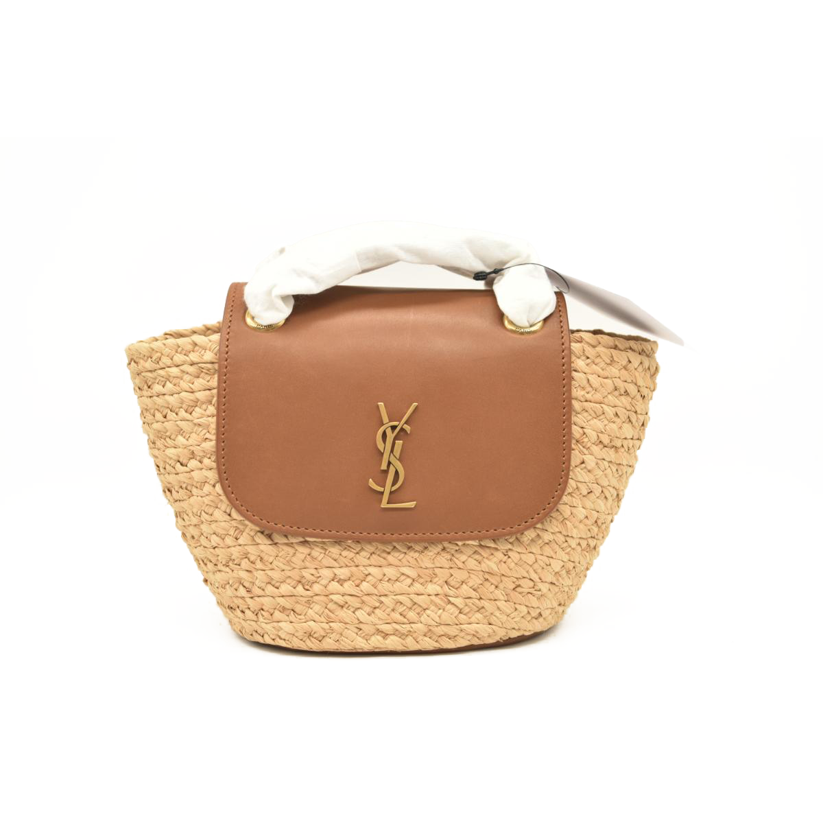 Saint Laurent Panier mini leather-trimmed raffia shoulder bag