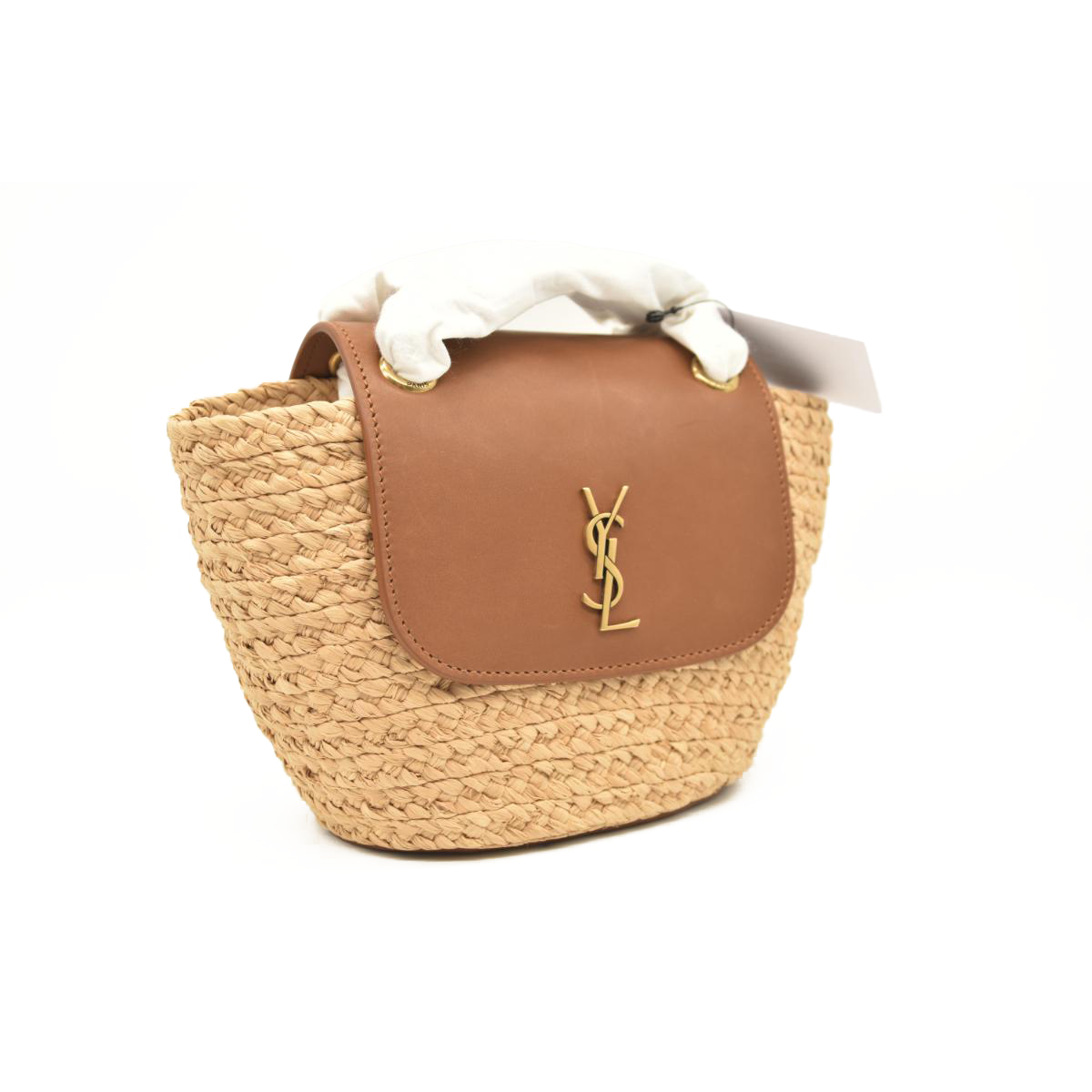 Saint Laurent Panier mini leather-trimmed raffia shoulder bag