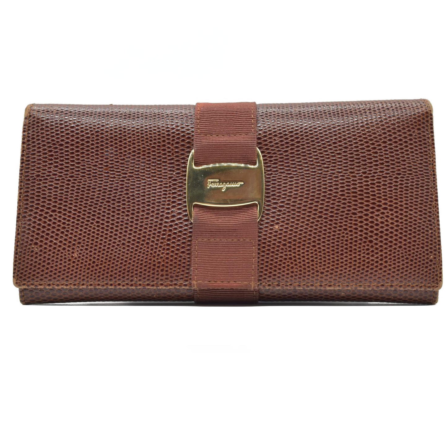 $650 Ferragamo Vara Bow Leather Continental Wallet Brown