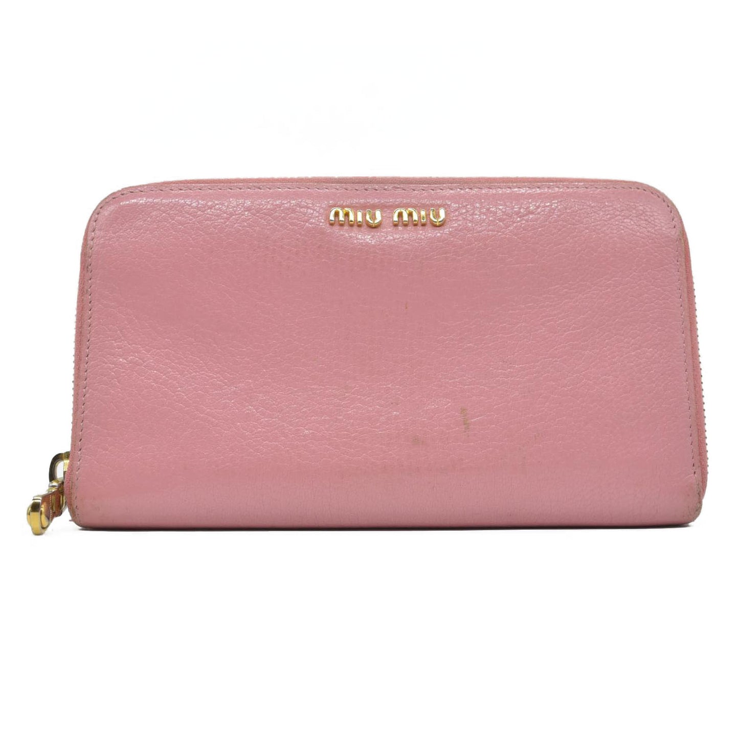 $895 MIU MIU Logo Leather Zip Around Long Wallet Pink