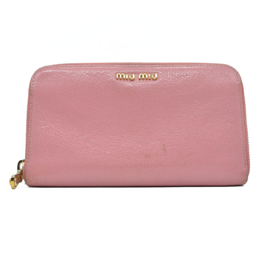 $895 MIU MIU Logo Leather Zip Around Long Wallet Pink