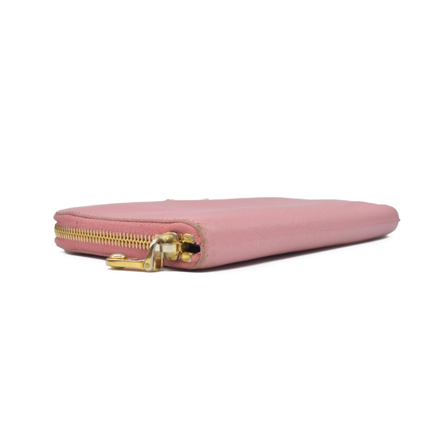 $895 MIU MIU Logo Leather Zip Around Long Wallet Pink