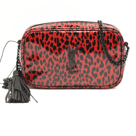 SAINT LAURENT Patent Calfskin Leopard Print Monogram Mini Lou Camera Bag Red