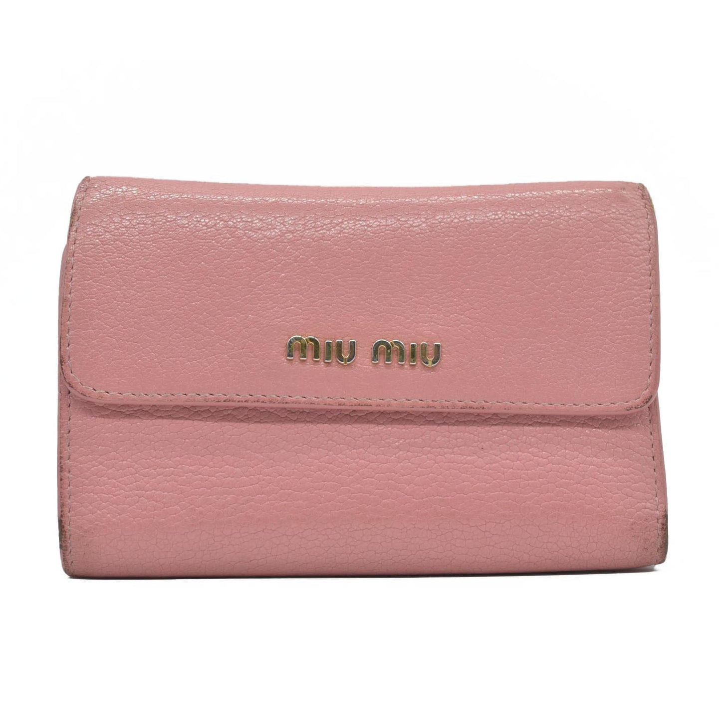 $695 Miu Miu Logo Leather Trifold Wallet – Pink