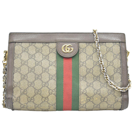 $2050 CONSIGNMENT GUCCI GG Supreme Monogram Web Small Ophidia Chain Shoulder Bag Brown