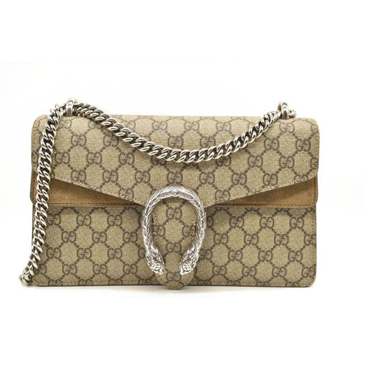 GUCCI GG Supreme Monogram Suede Small Dionysus Shoulder Bag Beige Ebony Taupe