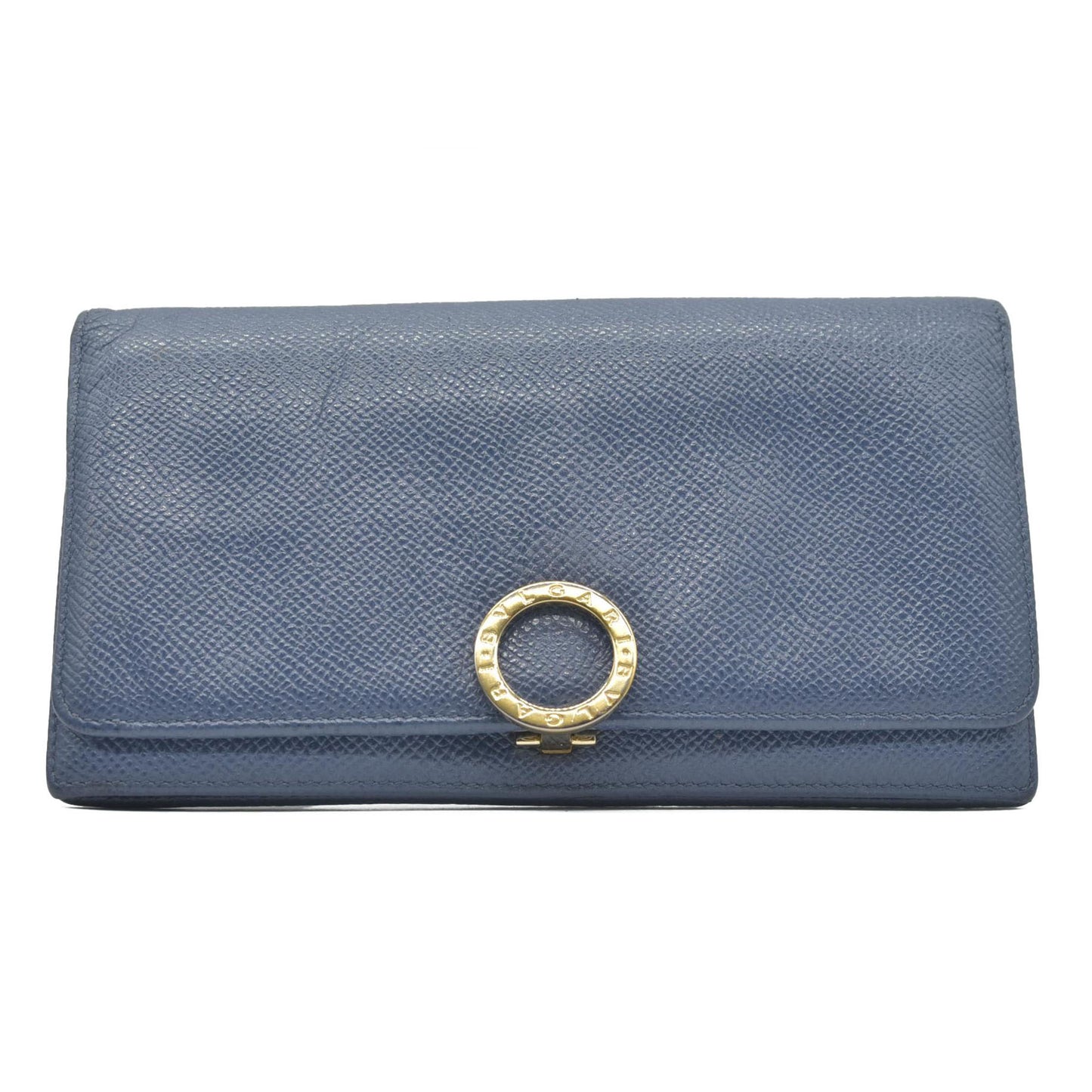 $790 BVLGARI Leather Bifold Long Wallet Blue