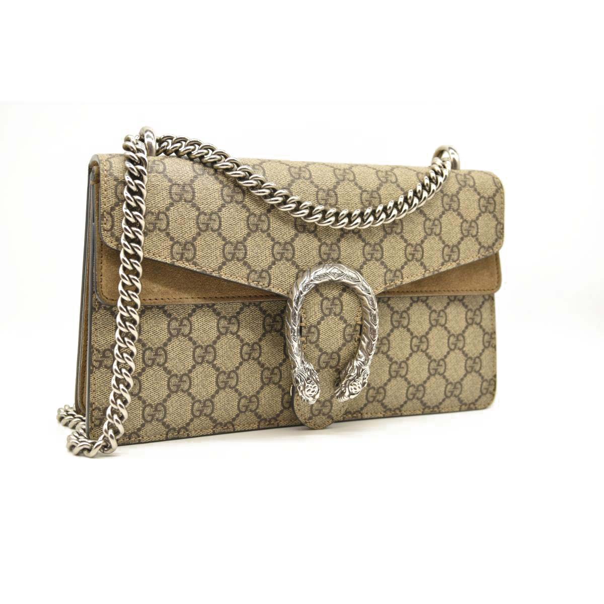 GUCCI GG Supreme Monogram Suede Small Dionysus Shoulder Bag Beige Ebony Taupe