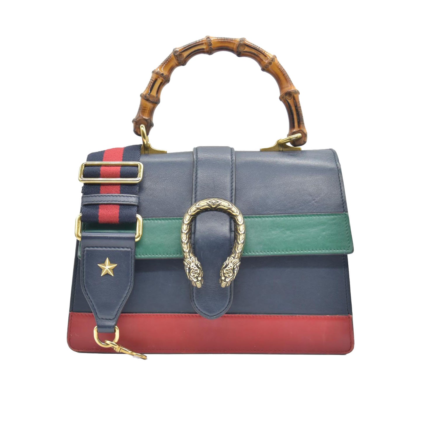 $3500 CONSIGNMENT GUCCI Moon Calfskin Web Medium Dionysus Bamboo Top Handle Bag Blue Emerald Hibiscus Red