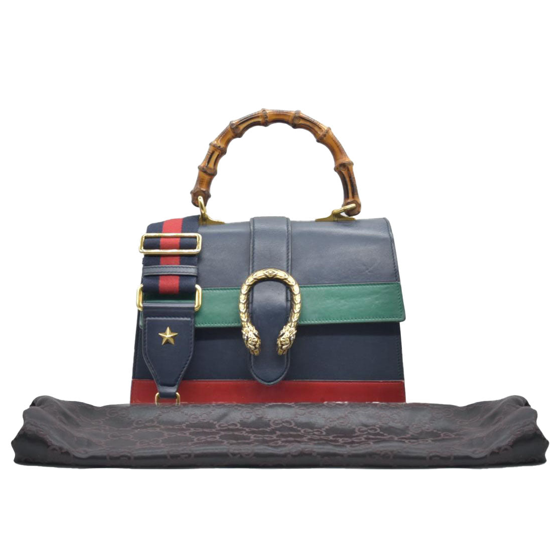 $3500 CONSIGNMENT GUCCI Moon Calfskin Web Medium Dionysus Bamboo Top Handle Bag Blue Emerald Hibiscus Red