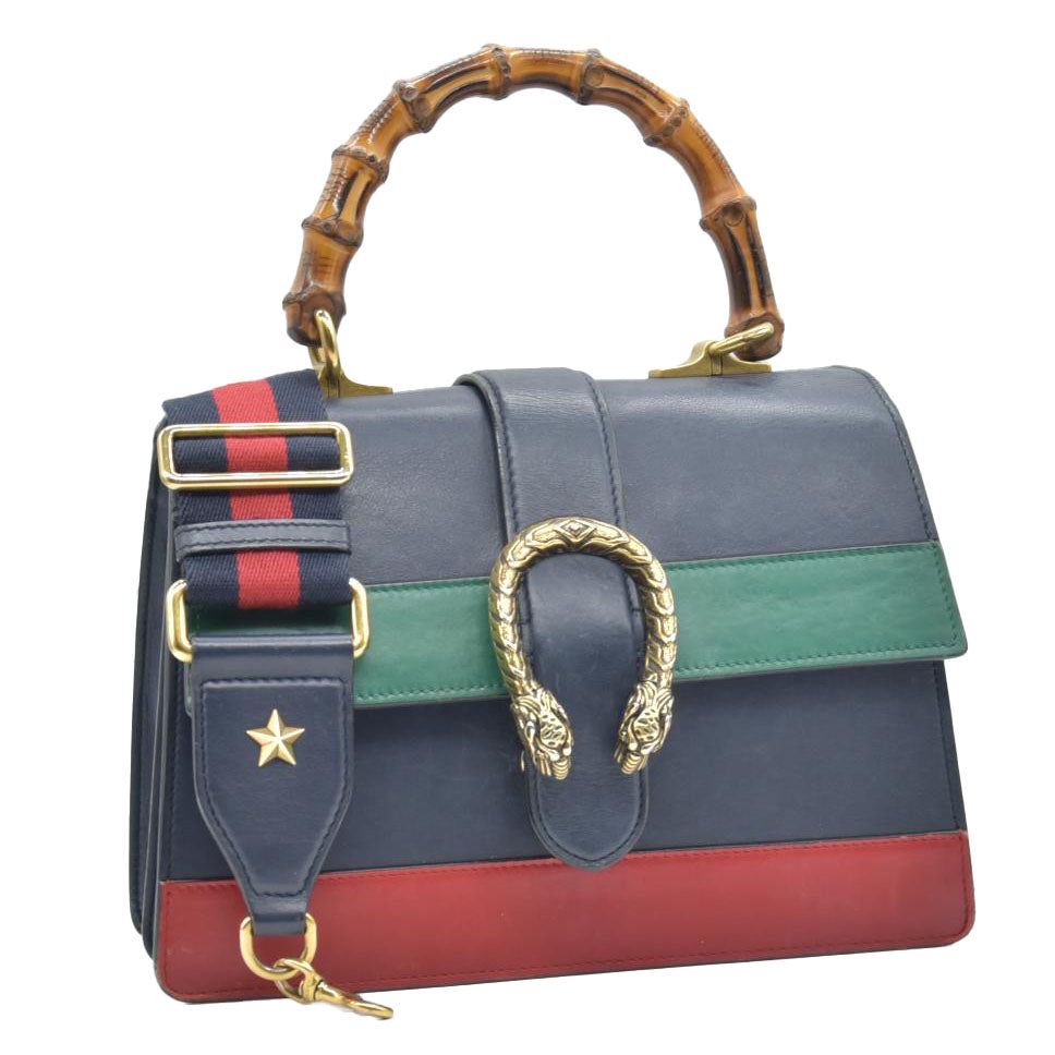 $3500 CONSIGNMENT GUCCI Moon Calfskin Web Medium Dionysus Bamboo Top Handle Bag Blue Emerald Hibiscus Red
