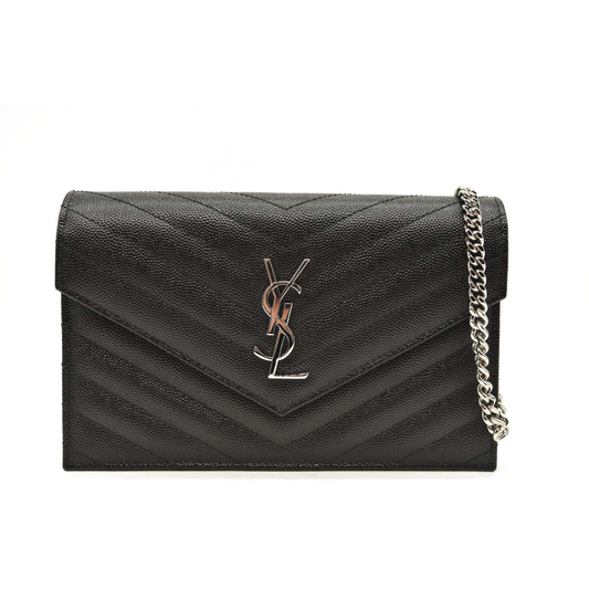 YSL SAINT LAURENT Grain De Poudre Matelasse Chevron Monogram Chain Wallet Black Silver