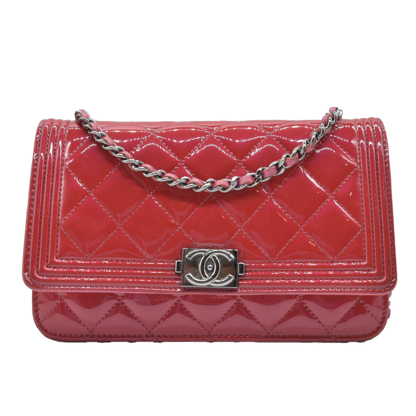 $3350 Chanel Patent Calfskin Quilted Boy Wallet On Chain WOC Fuchsia