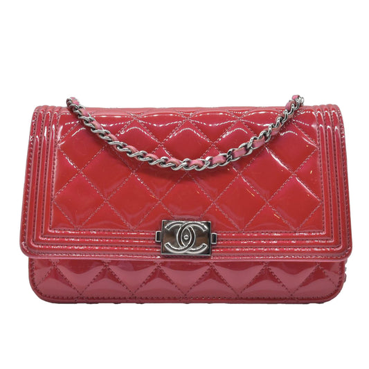 $3350 Chanel Patent Calfskin Quilted Boy Wallet On Chain WOC Fuchsia