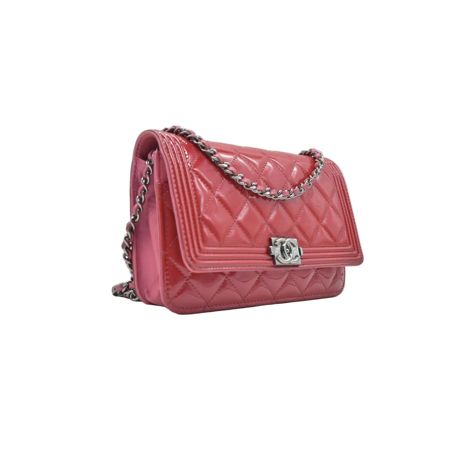 $3350 Chanel Patent Calfskin Quilted Boy Wallet On Chain WOC Fuchsia