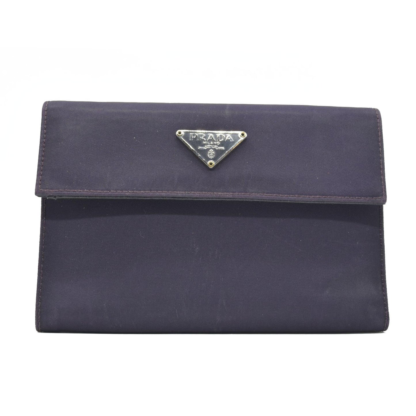 $675 PRADA Logo Plate Nylon Trifold Wallet Purple