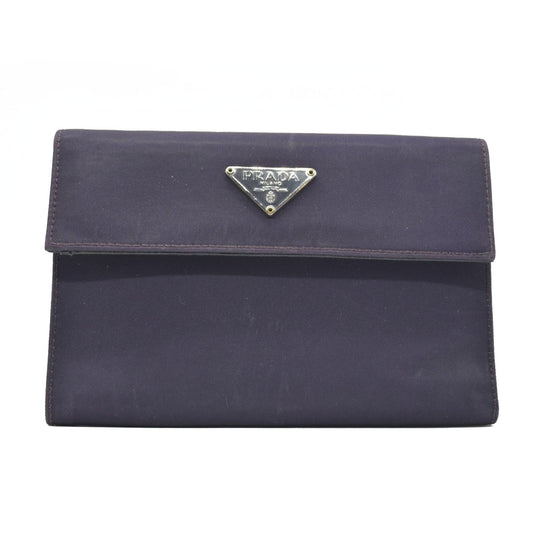 $675 PRADA Logo Plate Nylon Trifold Wallet Purple