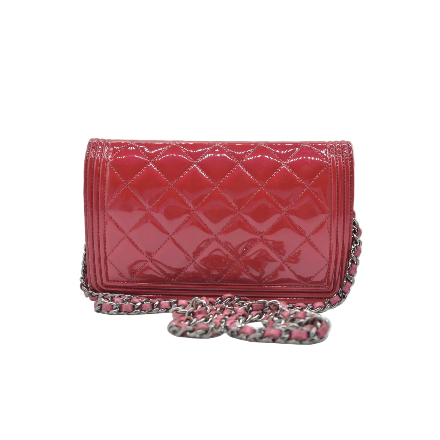 $3350 Chanel Patent Calfskin Quilted Boy Wallet On Chain WOC Fuchsia