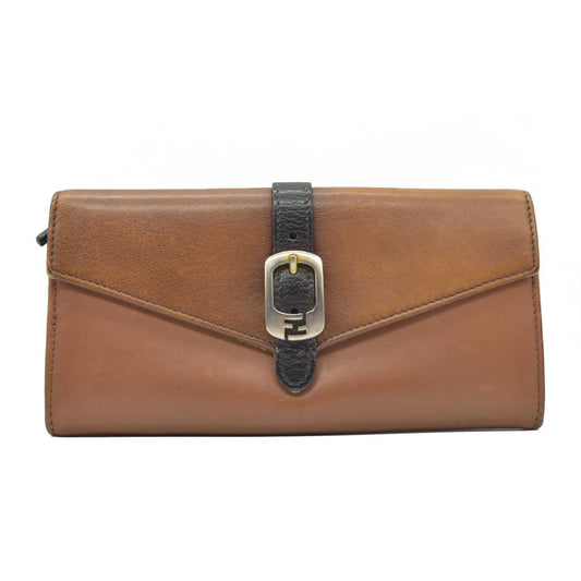 $790 FENDI FF Logo Leather Bifold Long Wallet Brown
