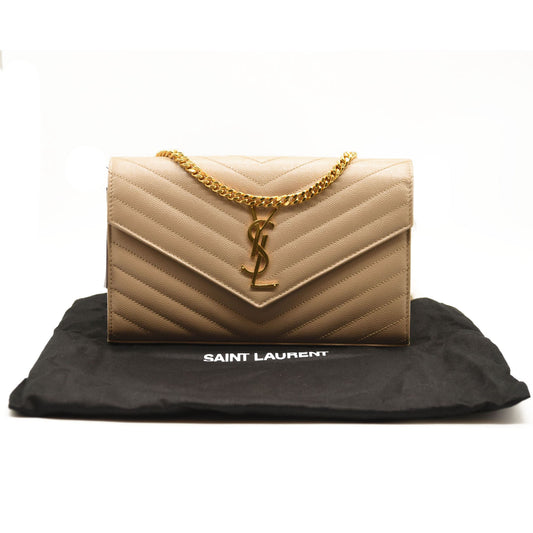 NEW SAINT LAURENT Grain De Poudre Matelasse Chevron Monogram Chain Wallet Dark Beige