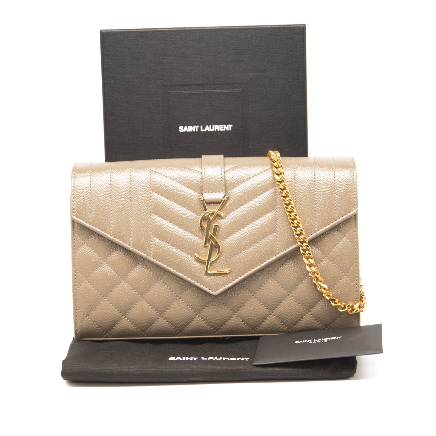 Saint Laurent Envelope Quilted Pebbled Leather Wallet on a Chain Mixed Matelasse YSL