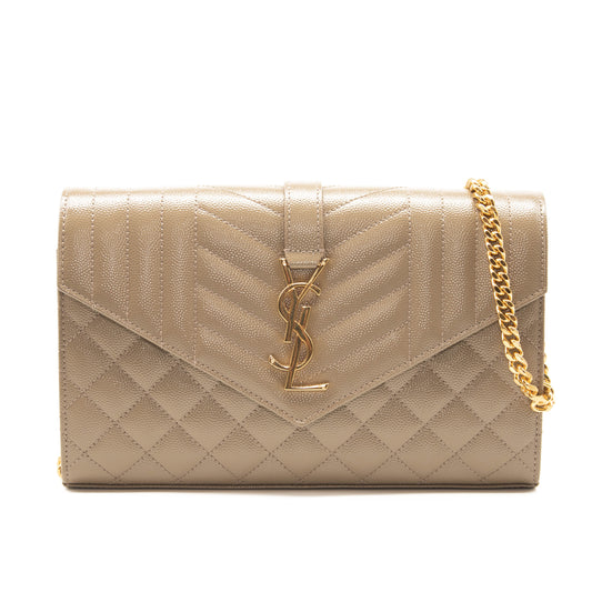 Saint Laurent Envelope Quilted Pebbled Leather Wallet on a Chain Mixed Matelasse YSL