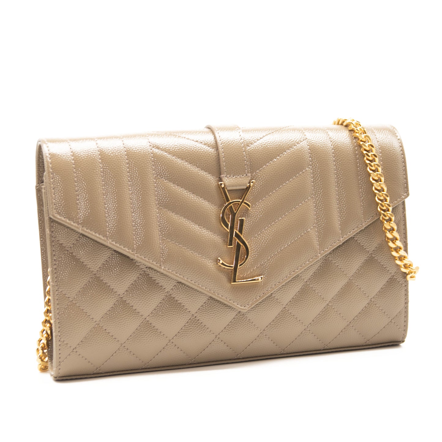 Saint Laurent Envelope Quilted Pebbled Leather Wallet on a Chain Mixed Matelasse YSL