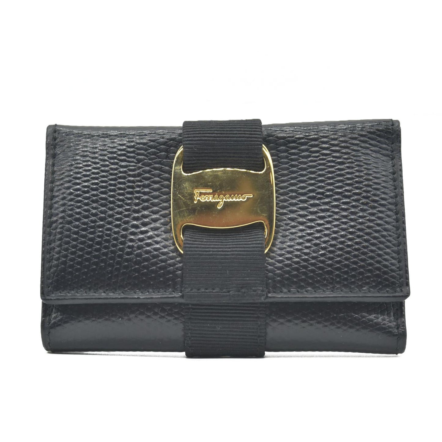 $380 Salvatore Ferragamo Vara Leather 6 Ring Key Case Black