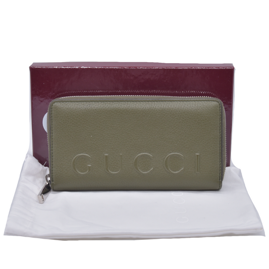 $830 GUCCI Logo Leather Zip Around Long Wallet Green LOGO
