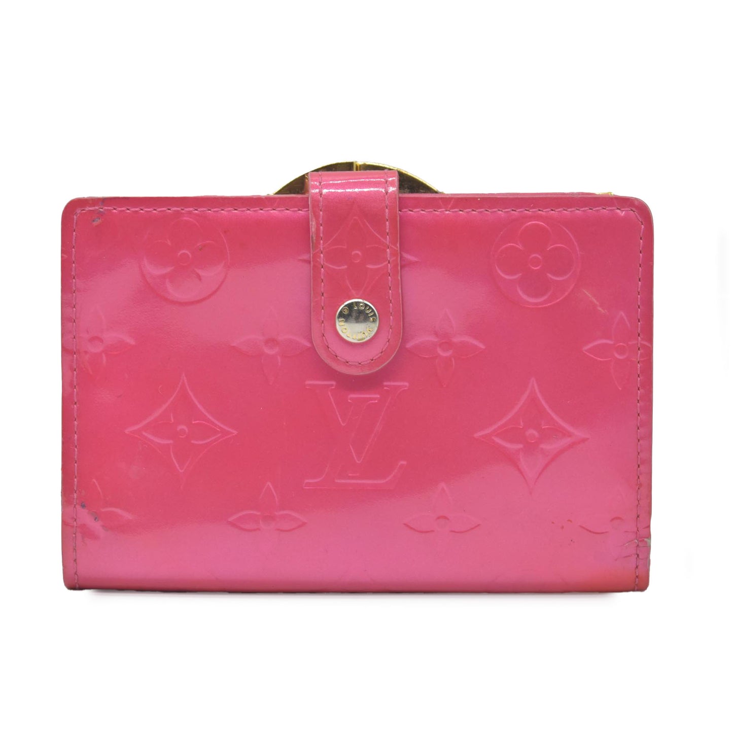 $950 2003 Louis Vuitton Monogram Vernis Pink Kisslock French Wallet MI0013
