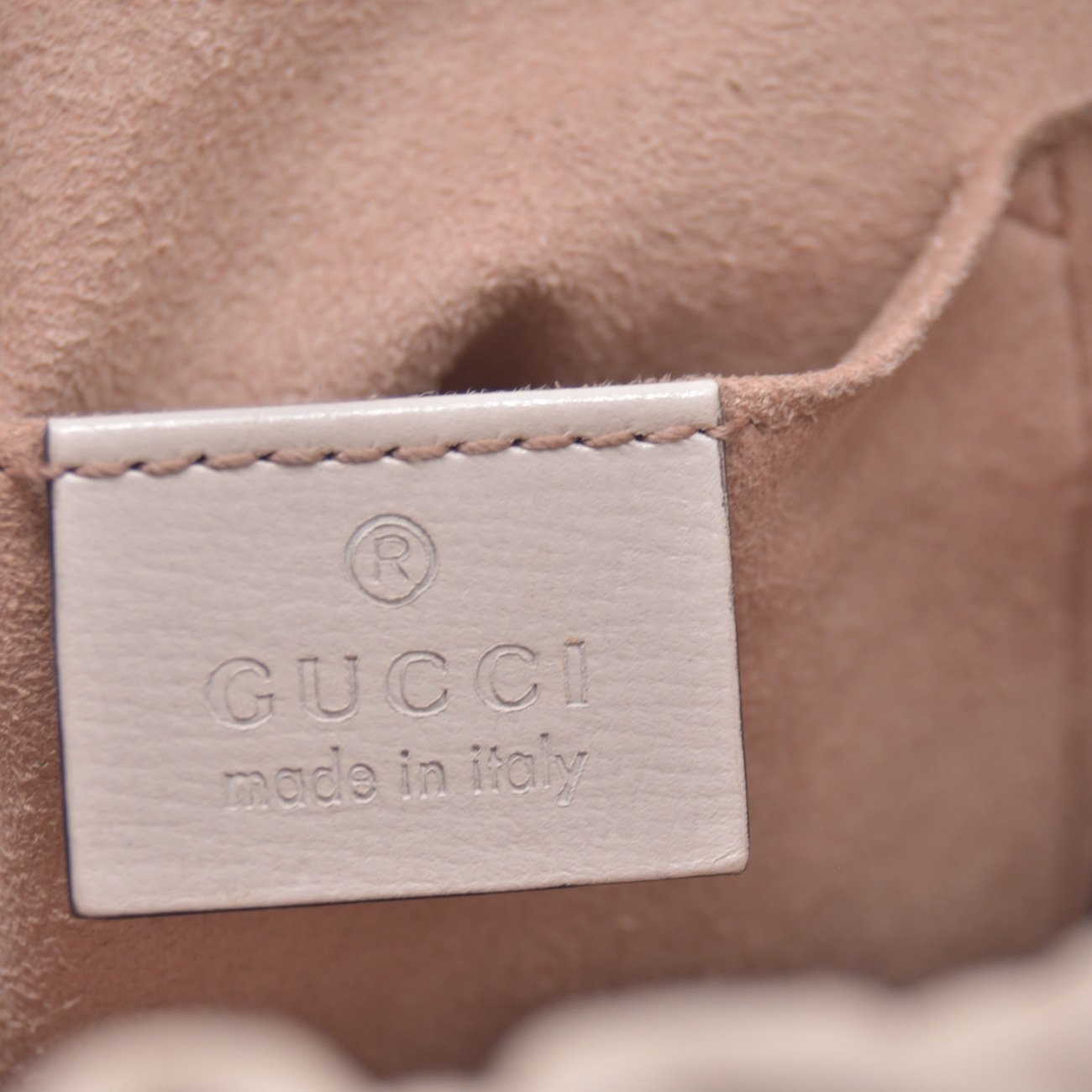 $2200 Gucci Monogram Textured Calfskin Horsebit 1955 Drawstring Bucket Bag Beige Mystic White