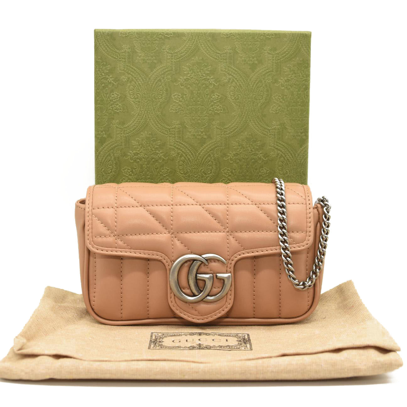 GUCCI Calfskin Matelasse Aria Super Mini GG Marmont Shoulder Bag Camelia