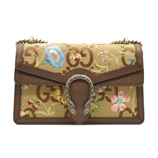 GUCCI Monogram Jumbo GG Textured Dollar Calfskin Embroidered Small Dionysus Shoulder Bag Camel Ebony New Acero Multicolor