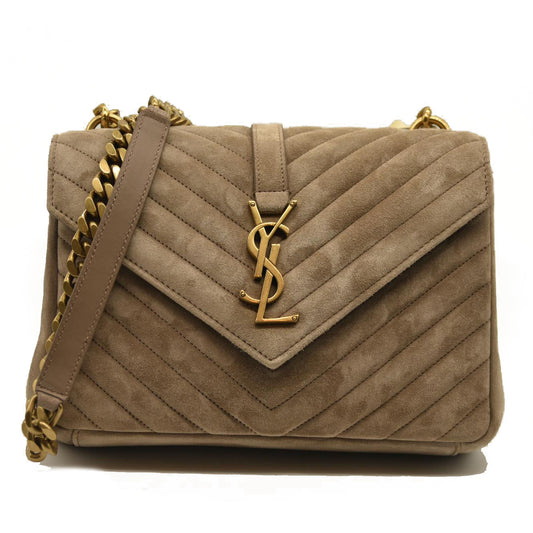 Saint Laurent Suede Matelasse Chevron Monogram Medium College Bag Dark Beige