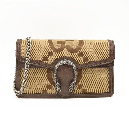 NEW GUCCI Monogram Jumbo GG Textured Dollar Calfskin Super Mini Dionysus Shoulder Bag Camel Ebony New Acero
