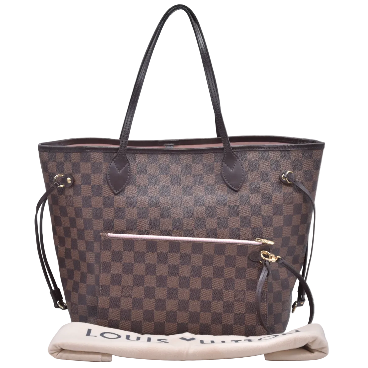 $2240 Louis Vuitton Damier Ebene Neo Neverfull MM Rose Ballerine with Pouch