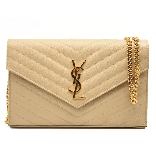 SAINT LAURENT Grain De Poudre Matelasse Chevron Monogram Envelope Chain Wallet Nude Powder