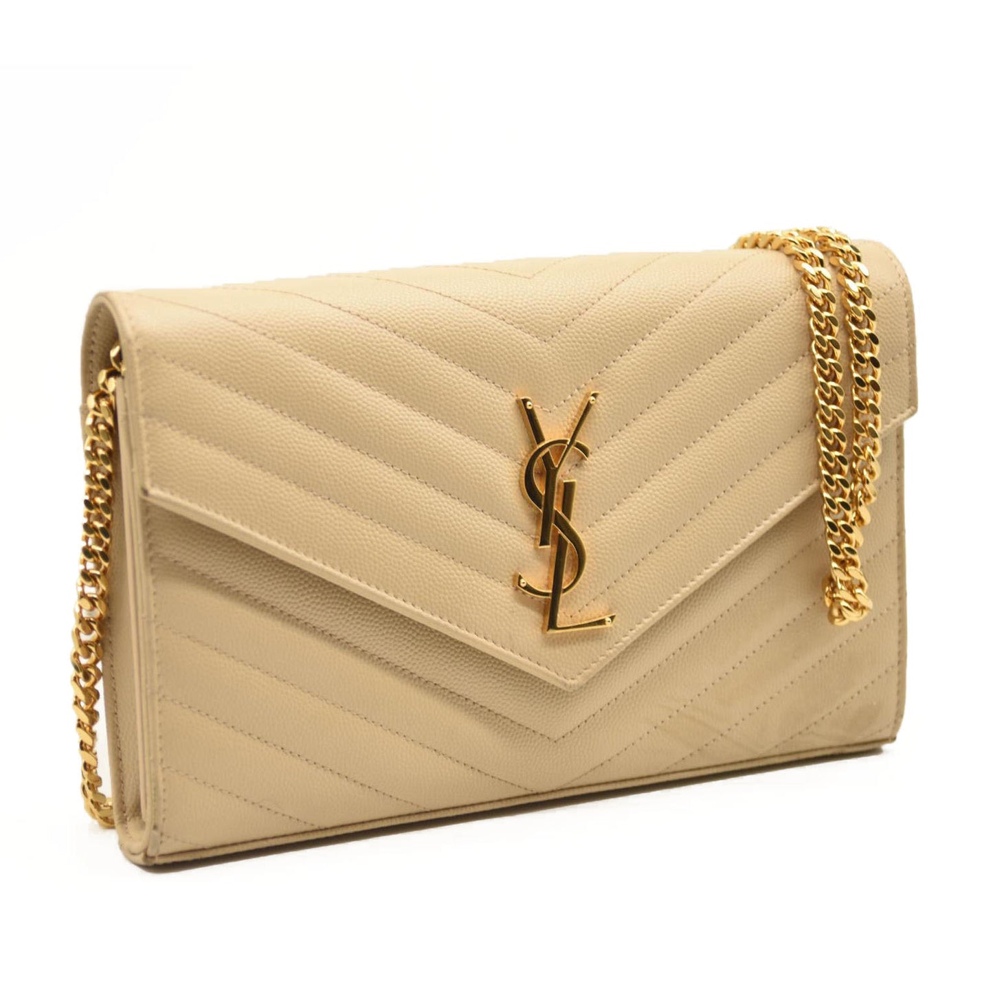 SAINT LAURENT Grain De Poudre Matelasse Chevron Monogram Envelope Chain Wallet Nude Powder