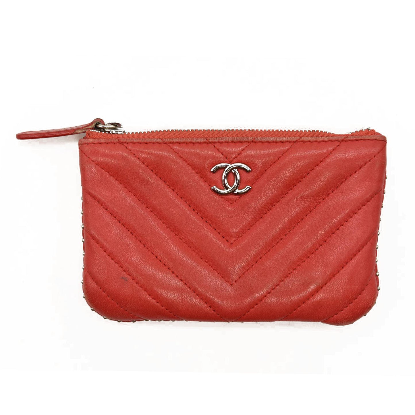 Chanel  Flat Lambskin Chevron Quilted Small Cosmetic Case Red 26*