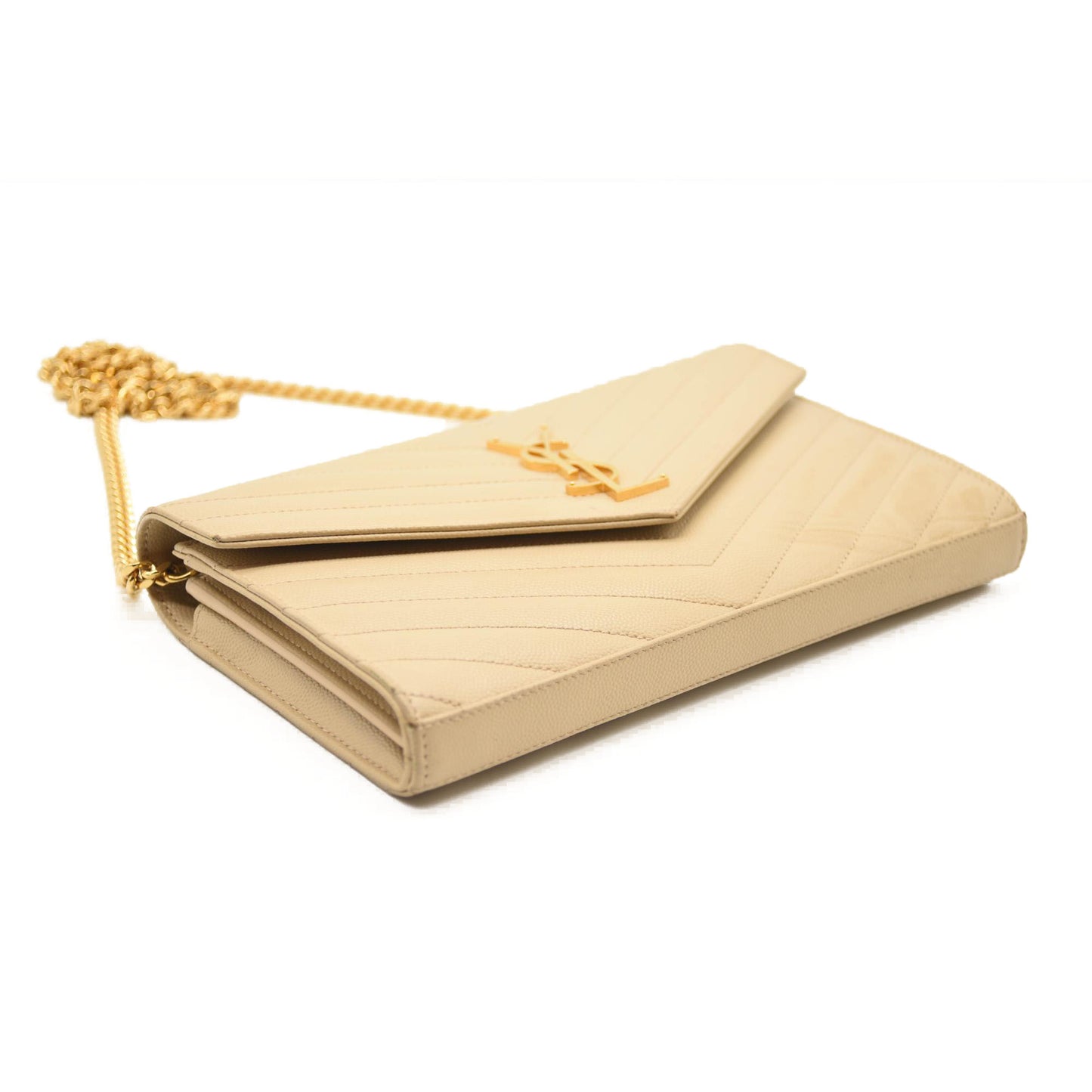 SAINT LAURENT Grain De Poudre Matelasse Chevron Monogram Envelope Chain Wallet Nude Powder