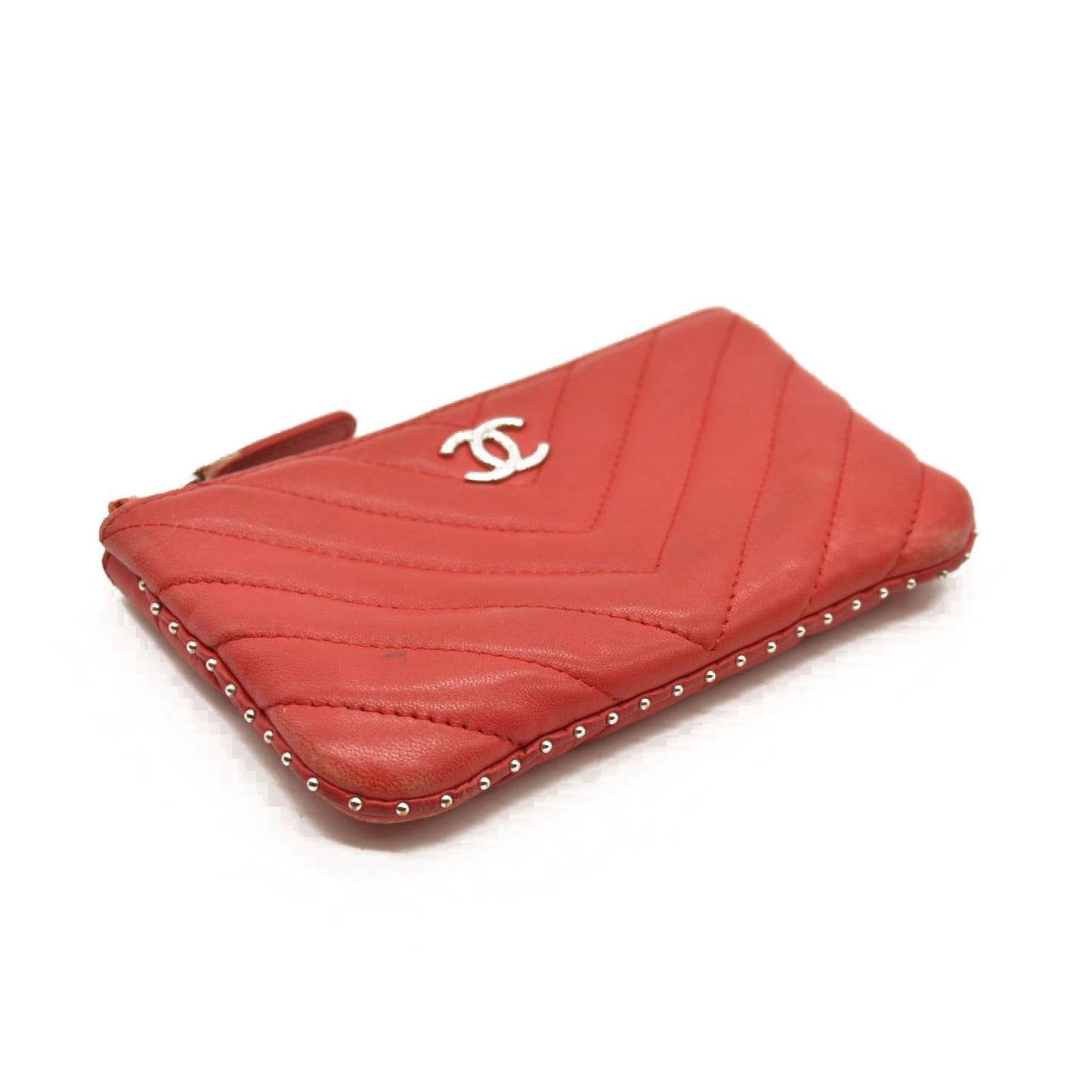 Chanel  Flat Lambskin Chevron Quilted Small Cosmetic Case Red 26*