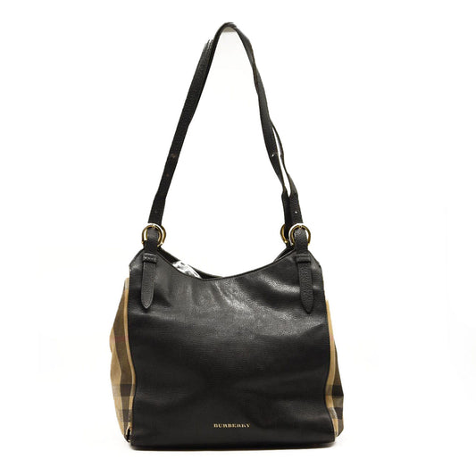 BURBERRY Nova Check Shoulder Tote Bag Leather Canvas Black Beige
