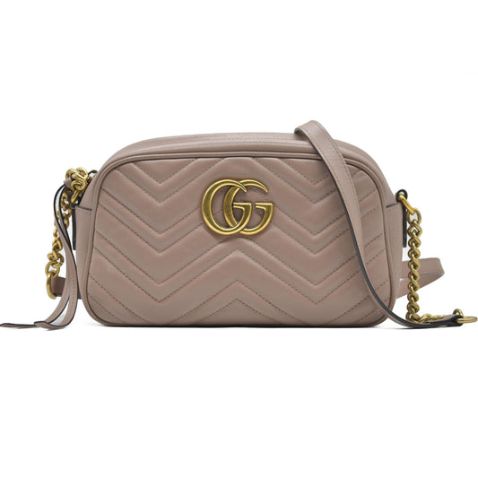 $1950 Gucci Calfskin Matelasse Small GG Marmont Chain Shoulder Bag Porcelain Rose