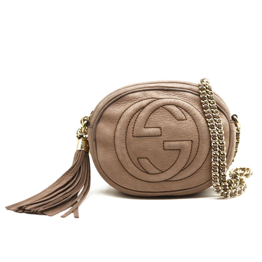 GUCCI Pebbled Calfskin Mini Soho Chain Bag Camelia